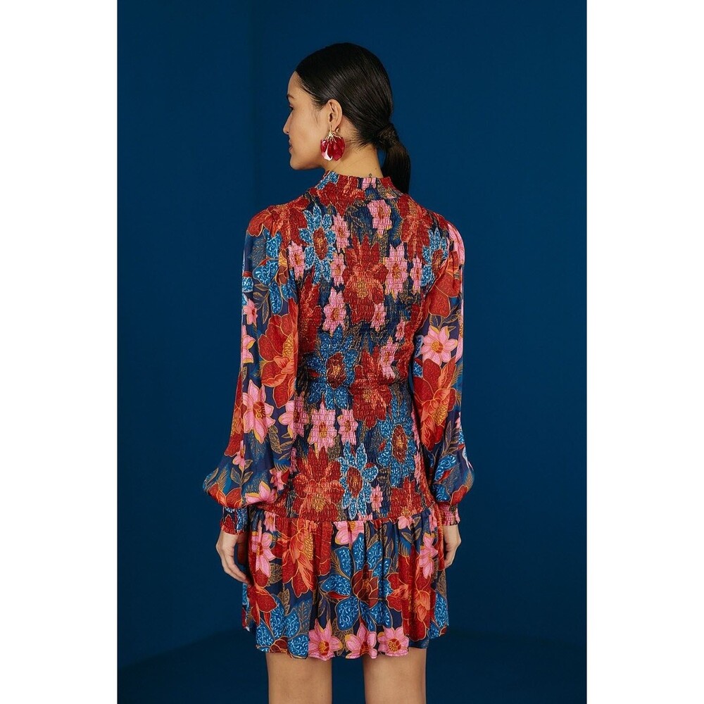 Farm Rio Mini Dress, Smocked, Long sleeve, Garden Navy, Size XL, New Retail $245 - Picture 2 of 8